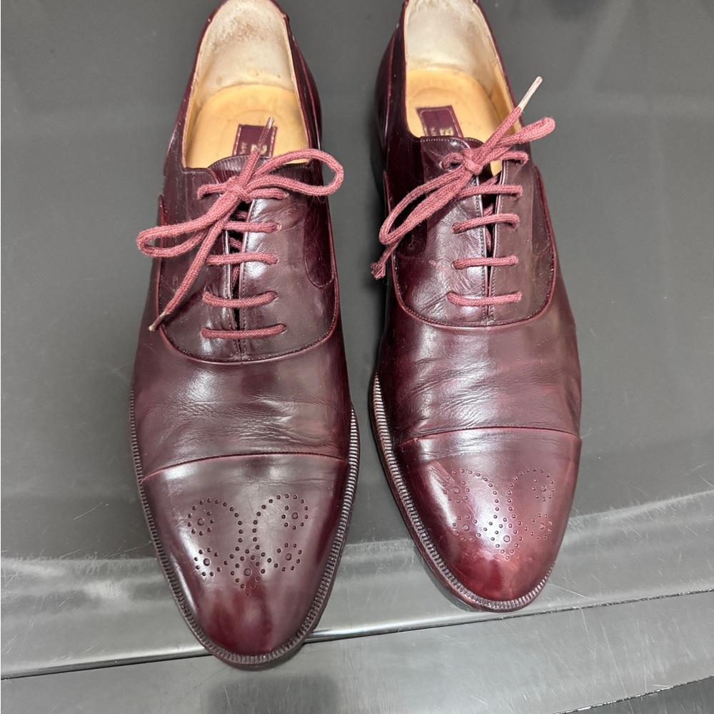Bally Brown Leather Oxford Shoes with Brogue Detailing Burgundy Size 8 M